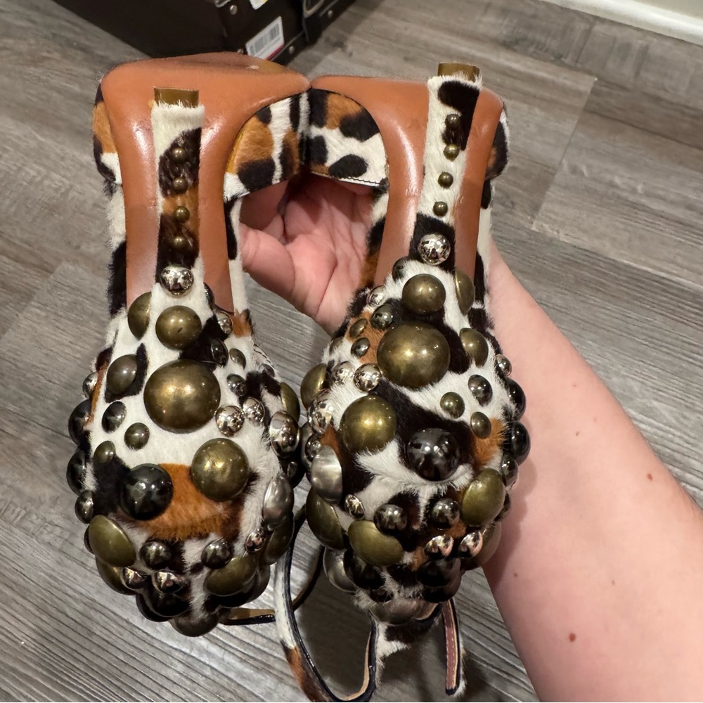 Alaia Leopard Print Pony Hair Studded Point Toe Heels - Picture 9 of 16